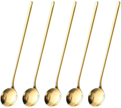 Dailygoods- Lepelset 5 Stuks - Roestvrij Stalen Lepels - Lange Handgreep - IJslepel - Theelepel - Perfect voor Desserts - Gouden Afwerking