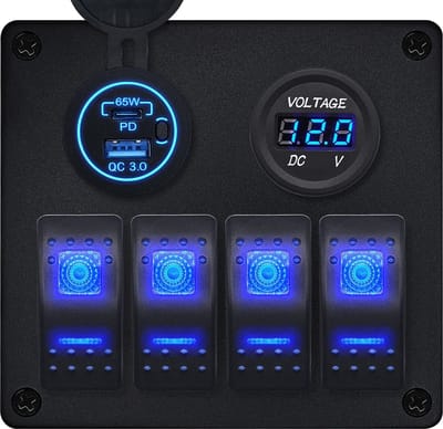 ProRide Schakelpaneel 12V voor Auto/Boot - USB C Lader 2 poorten met Voltmeter - 65W/QC3.0 - 4 Schakelaars