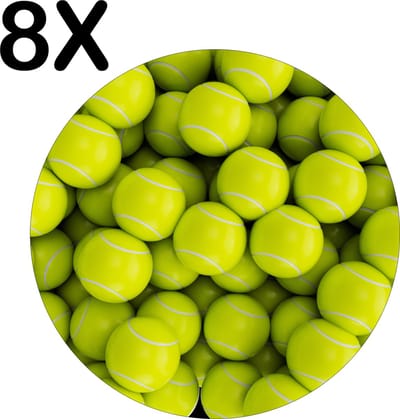 Luxe Ronde Placemat - Tennis Ballen op een Hoop - Set van 8 Placemats - 50x50 cm - 2 mm dik Vinyl - Anti Slip - Afneembaar