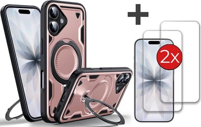 Hoesje Geschikt voor iPhone 17 met 2 Stuks gehard glas Screenprotector - Armor hoes met Ringhouder - Arara backcover - Rosegoud