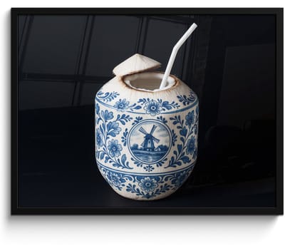 Poster in lijst - Fotolijst 70x50 cm - Posters - Kokosnoot - Eten - Delfts blauw - Drinken - Posterlijst zwart - Decoratie - Wanddecoratie woonkamer - Muurdecoratie slaapkamer