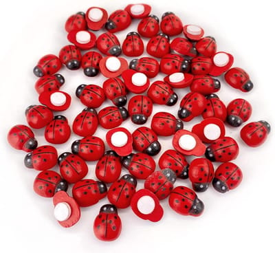 Houten Decoraties - Bijen Lieveheersbeestjes - Knutselen en Versieren - Zelfklevend - 60 Stuks - Rood Geel