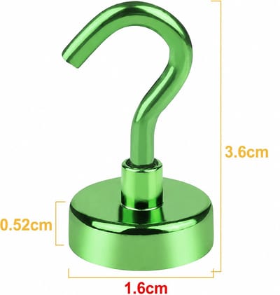 TLVX Haak magneet Groen 16mm x 36mm / Erg sterk / 7 KG trekkracht / Magnetische ophanghaak / Magneet met haak / Metalen haak / Deurmagneet haak voor sleutels / Koelkast magneet handdoek / Magneet gereedschap / Foto magneet met handdoekhaak / 1 stuks