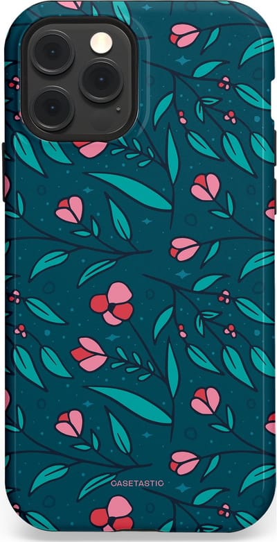 Casetastic hoesje geschikt voor Apple iPhone 12 / Apple iPhone 12 Pro - MagSafe - Dubbellaagse bescherming - Blauwe Groene Bloemenpracht - Fashion Case - Petrol Donkergrijs