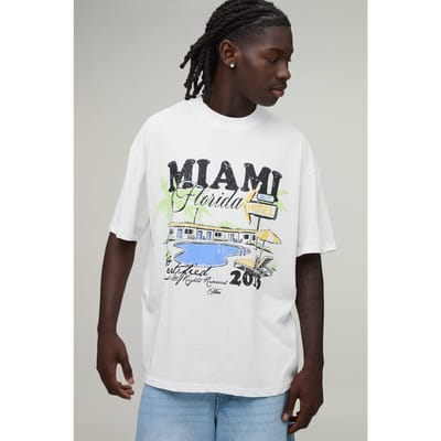 Wit Oversized T-shirt Met Miami Zwembad Print | White | Size Large