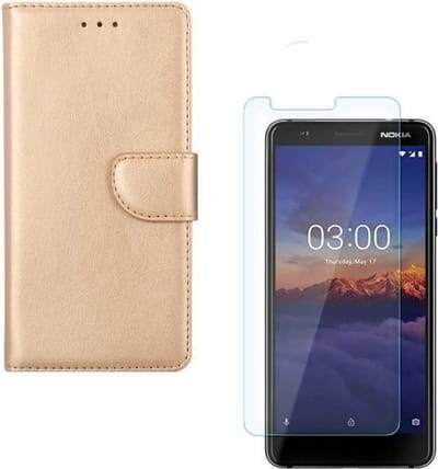 hoesje Geschikt voor: Nokia 3.1 Portemonnee Goud met 2 stuks Glas Screen protector