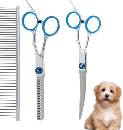 3 stuks professionele hondenverzorgingsschaar, van roestvrij staal, met ergonomische handgreep, oliën, gebogen en verzorgingskam
