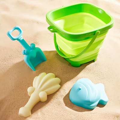 Strandspeelgoed Set met Opvouwbare Emmer, Schep en Vormpjes - 4 Delig Zomerspeelgoed