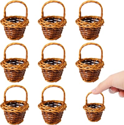LISM-8-delige mini rieten mand, geweven bloemenmand, kleine mand, wilgenmand, geweven mand met handvat, mini rieten mand met handvat, mand, bloempotdecoratie Geschikt voor kinderen, feestcadeautas (bruin)
