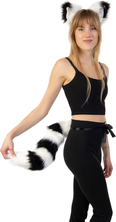 KIMU® Haarband Furry Oren & Staart Set Zwart Wit Strepen - Maki Wasbeer Diadeem Dons Dieren - Dierenoren Oor Oortjes Vilt Lynx Wolf Haren Festival