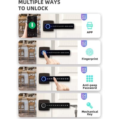 Serrure de porte intelligente à empreintes digitales avec poignée 4 en 1 Entrée sans clé Application Tuya Codes d'accès Boutons intelligents pour porte d'entrée Chambre à coucher