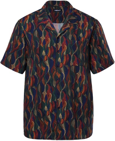 Men Plus - Heren - Overhemd van viscose korte mouwen all-over print Cubaanse fit - Navy blauw - Maat L