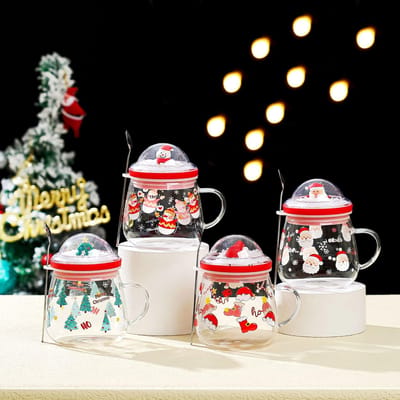 Cartoon Kerstbeker Borosilicaatglas Beker met Deksel met Lepel Creatieve Kerstbeker Mok Cadeau 401-500ml white