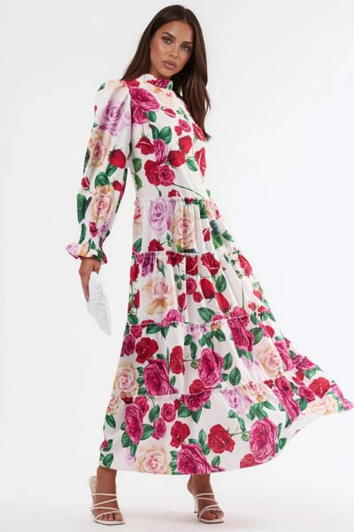Bloemige Ronde Hals Maxi Jurk