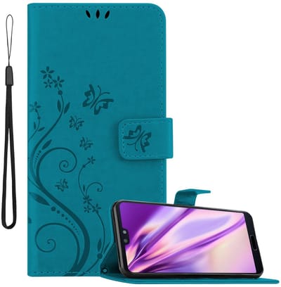 Cadorabo Hoesje geschikt voor Huawei P20 in BLOEMEN BLAUW - Beschermhoes in bloemmotief met magnetische sluiting, standfunctie en kaartsleuven Book Case Cover Etui