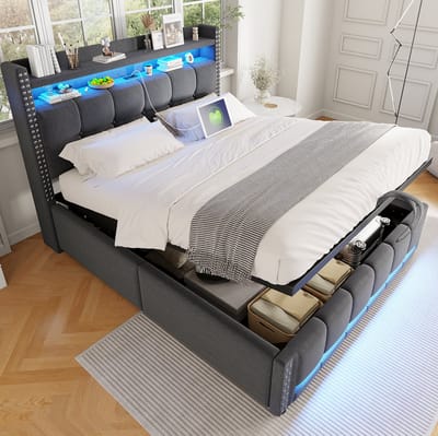 MEUNIQ gestoffeerd tweepersoonsbed 140x200 cm met LED-verlichting, USB-aansluiting, hoofdbord met opbergvakken en hydraulische opbergruimte, grijs