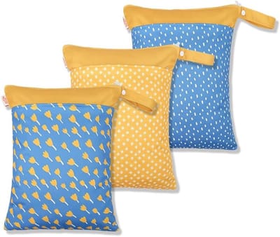 Set van 3 handige luiertassen voor onderweg, herbruikbare en waterdichte luiertassen, ideaal voor stoffen luiers, babyaccessoires en nappy-organizers, 30x40 cm, blauw + geel