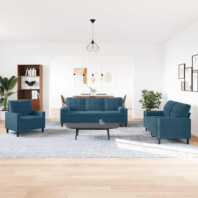 vidaXL - 3-delige - Loungeset - met - kussens - en - bolsters - fluweel - blauw