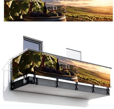 Balkonscherm 500x100 cm - Balkonposter Wijn - Druiven - Heuvels - Landschap - Balkon scherm decoratie - Balkonschermen - Balkondoek zonnescherm