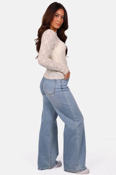 Getdrezzed Top - Maat: XS - Kanten top met ronde hals en lange mouwen beige