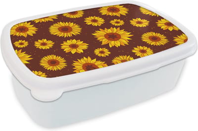 Broodtrommel Wit - Lunchbox - Brooddoos - Zonnebloem - Bohemian - Flora - Patroon - 18x12x6 cm - Volwassenen