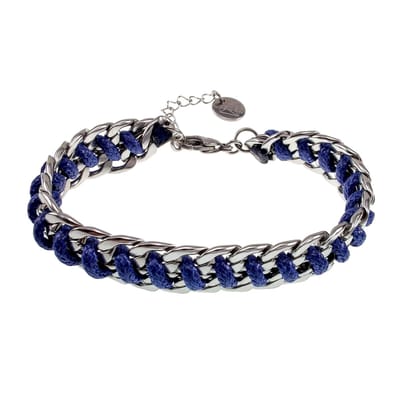 17cm tot 20cm Armband Dames - Marineblauw Armband - Gepolijst RVS - Cubaanse Schakelsarmband Marineblauw Koord - Verstelbaar