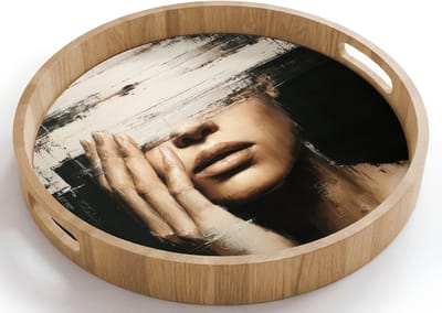 Dienblad rond 40x40 cm - Schootdienblad hout - Hand - Gezicht - Strepen - Abstract - Borrelplank rechthoek - Plateau houten dienbladen