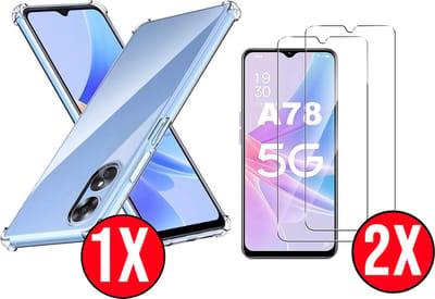 Casemania Hoesje Geschikt voor Oppo A78 5G Transparant & 2X Glazen Screenprotector - Anti Shock Hybrid Back Cover