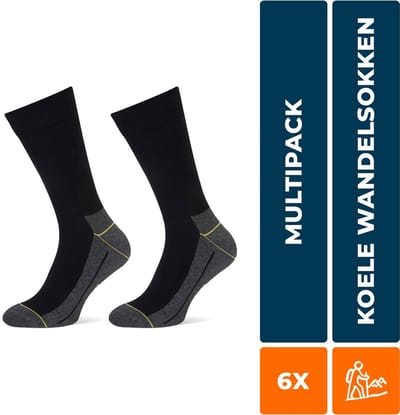 6-Pack Naadloze Wandelsokken - Zwart – Ademend & Koel – Unisex Sokken – Stapp Yellow Walker - 47-50