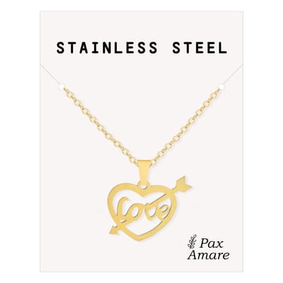 Cadeau Ketting met Hartje "Love" - Roestvrij Staal - Goudkleurig - Cadeau Sieraad op Kaartje - Pax Amare