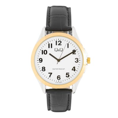 Q&Q C12A-500PY - Horloge - Analoog - Heren - Mannen - Leren band - Rond - Staal - Zwart - Zilverkleurig - Goudkleurig