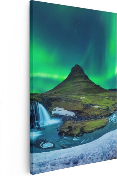 Artaza Canvas Schilderij Waterval - 20x30 cm - Klein - Wanddecoratie IJsland - Muurdecoratie Noorderlicht - Kamer Accessoires Bergen