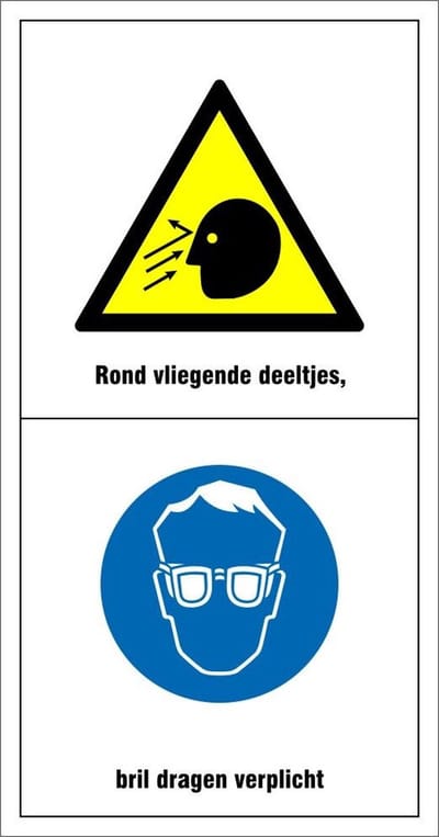 Machinemarkering rond vliegende deeltjes, bril dragen verplicht 200 x 100 mm
