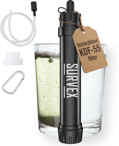 SURVEX Personal Water Filter Straw XL 4000L – Uniek KDF-55 filter – Waterfilter Survival & Outdoor – BPA-vrij – Noodpakket voor Thuis – Complete Set Waterzuiveringsapparaat – Drinkfles Waterzuivering Outdoor – Overlevingspakket – Zwart