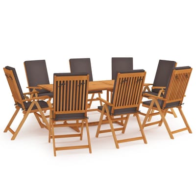 vidaXL - 9-delige - Tuinset - met - kussens - massief - teakhout - grijs