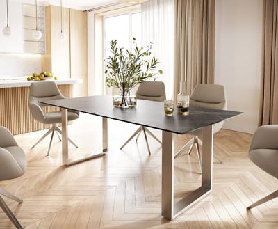 Eettafel Edge keramiek Laminam® Noir Desir bruin 200x100 roestvrij staal smal