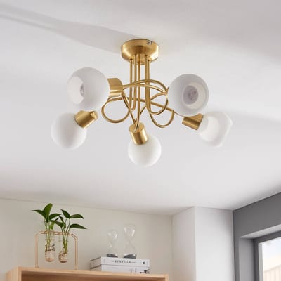 Lindby - plafondlamp - 5lichts - Glas, metaal - H: 25.5 cm - E14 - wit, mat messing