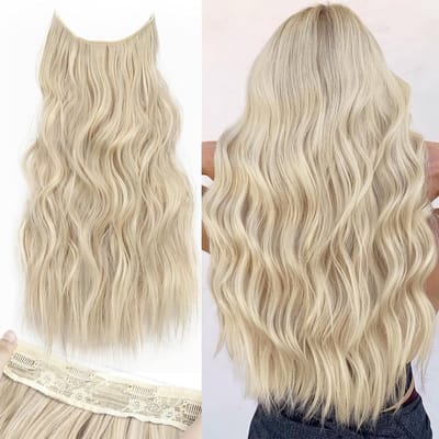 Invisible Hair Extensions met Draad - Lichtbruin en Platinum Blond - Verstelbare Krullende Haarstuk voor Vrouwen van 50 cm - Perfect voor Volumineuze Haarlooks