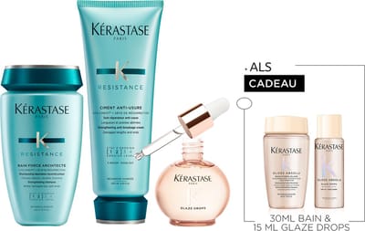 Kérastase Résistance & Gloss Absolu Trio + Cadeau - Herstellende Shampoo 250 ml, Conditioner 200ml & Anti-frizz Glaze Drops Olie 45 ml + Gloss Absolu Shampoo 30ml & Haarolie 15ml Cadeau - Voor Glans En Herstel Van Beschadigd Haar