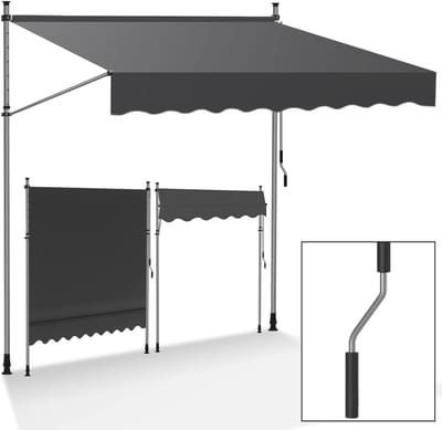 Klemluifel voor balkon, 350 cm breed, handslinger, klemluifel, zonder boren, luifel balkon, in hoogte verstelbaar, uv-bestendig en waterdicht, voor terras en balkon, grijs