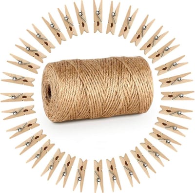 Tuinkoord knutselkoord jute koord 100 m naturel 35 cm wasknijpers hout clothespins verpakking gastgeschenk