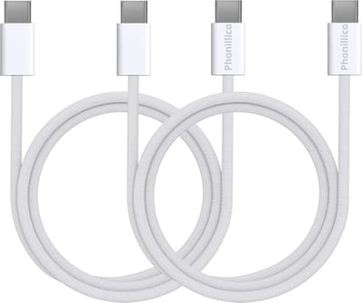 2x USB C naar USB C Nylon Gevlochten Kabel Wit - 2 meter - Oplaadkabel voor iPhone 17e / 17 / iPhone 17 AIR / iPhone 17 PRO / iPhone 17 PRO MAX