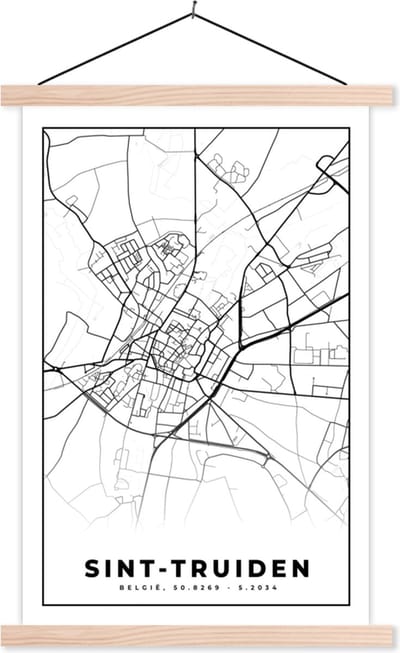 Posterhanger incl. Poster 40x60 cm - Schoolplaat - Stadskaart – Plattegrond – België – Zwart Wit – Sint Truiden – Kaart - Textielposter - Blanke latten - Stadskaart
