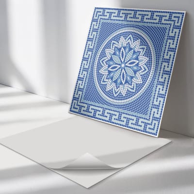Wallfluent Vinyl Tegels - Mozaïek Bloemenpatroonontwerp Zelfklevende PVC Tegels - 30 cm x 30 cm - Blauw Vinyl Tegels - Set van 9 - Vierkant PVC Tegels - Texturen Plaktegels - Vinyl Vloer Tegels - Plaktegels Keuken en Badkamer