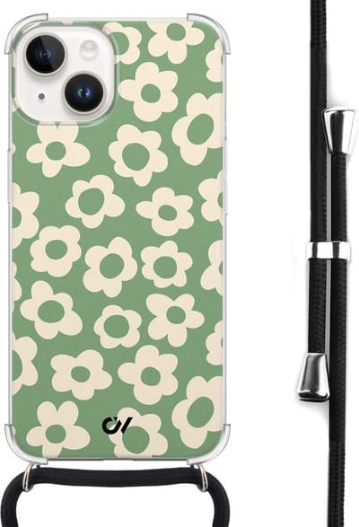 Casevibes - Telefoonhoesje met koord - Geschikt voor Apple iPhone 14 - Retro Cute Flowers - Groen -