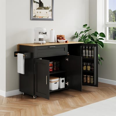 DESMIU Keukenwagen - Opklapbaar Werkblad En Veel Opbergruimte - Voor Keuken En Eetkamer - MDF - Zwart En Naturel - 132,5x44(70)x90 Cm