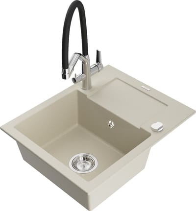 Mexen Enzo granieten gootsteen 1-komerig met afdruiprek en keukenkraan Duo, beige - 6506-69-671701-07