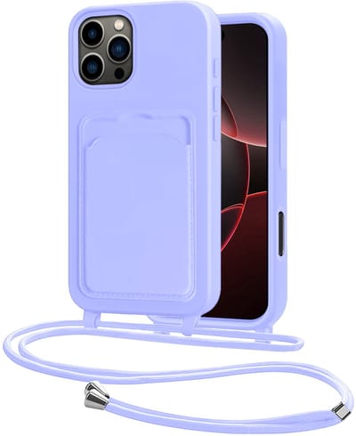 Hoes Geschikt voor iPhone 16 Pro Hoesje Pasjeshouder Cover Met Koord Case Siliconen Hoes Met Telefoonkoord en Kaarthouder - Lila
