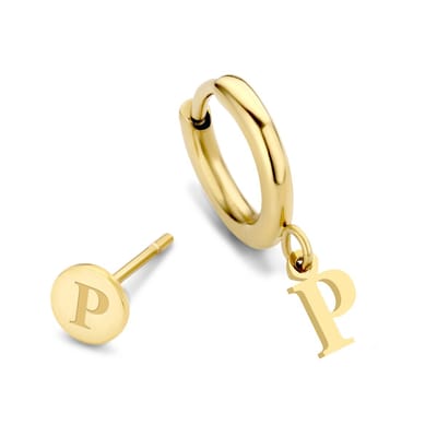 CO88 Collection Alphabet 8CE-70372 Stalen oorknop en oorring - letter P - 6 mm and 12mm - Initiaal sieraad - Goudkleurig