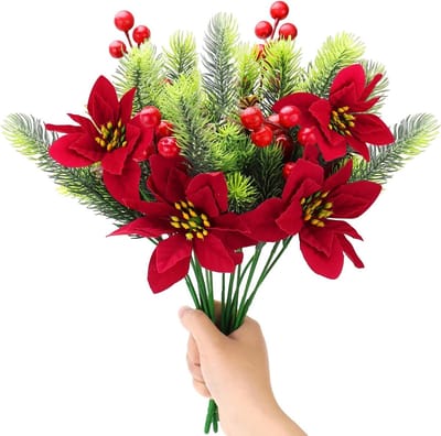 Kunstmatige Denn takken met Rode Bessen - 4 Stuks voor Kerstdecoratie, Bloemstukken en Feestelijke Arrangements